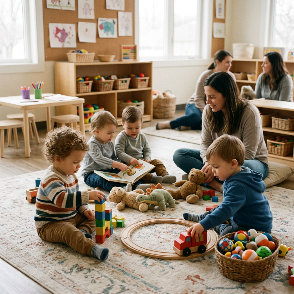 Cozy playgroup scene with children and toys